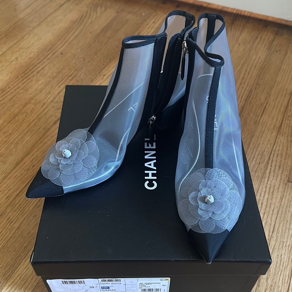 CHANEL Black and Gray Mesh Booties